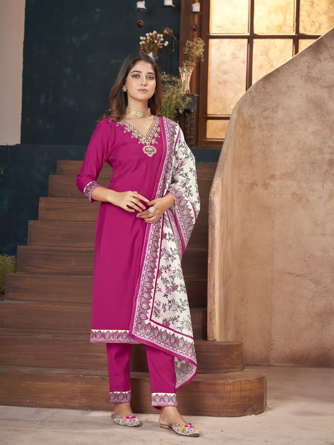 Stylum WomenS Magenta Solid & Embroidered Silk Straight Kurta Pant Dupatta Set