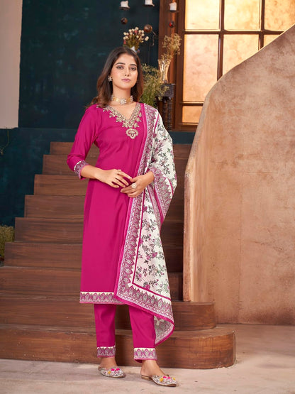 Stylum WomenS Magenta Solid & Embroidered Silk Straight Kurta Pant Dupatta Set