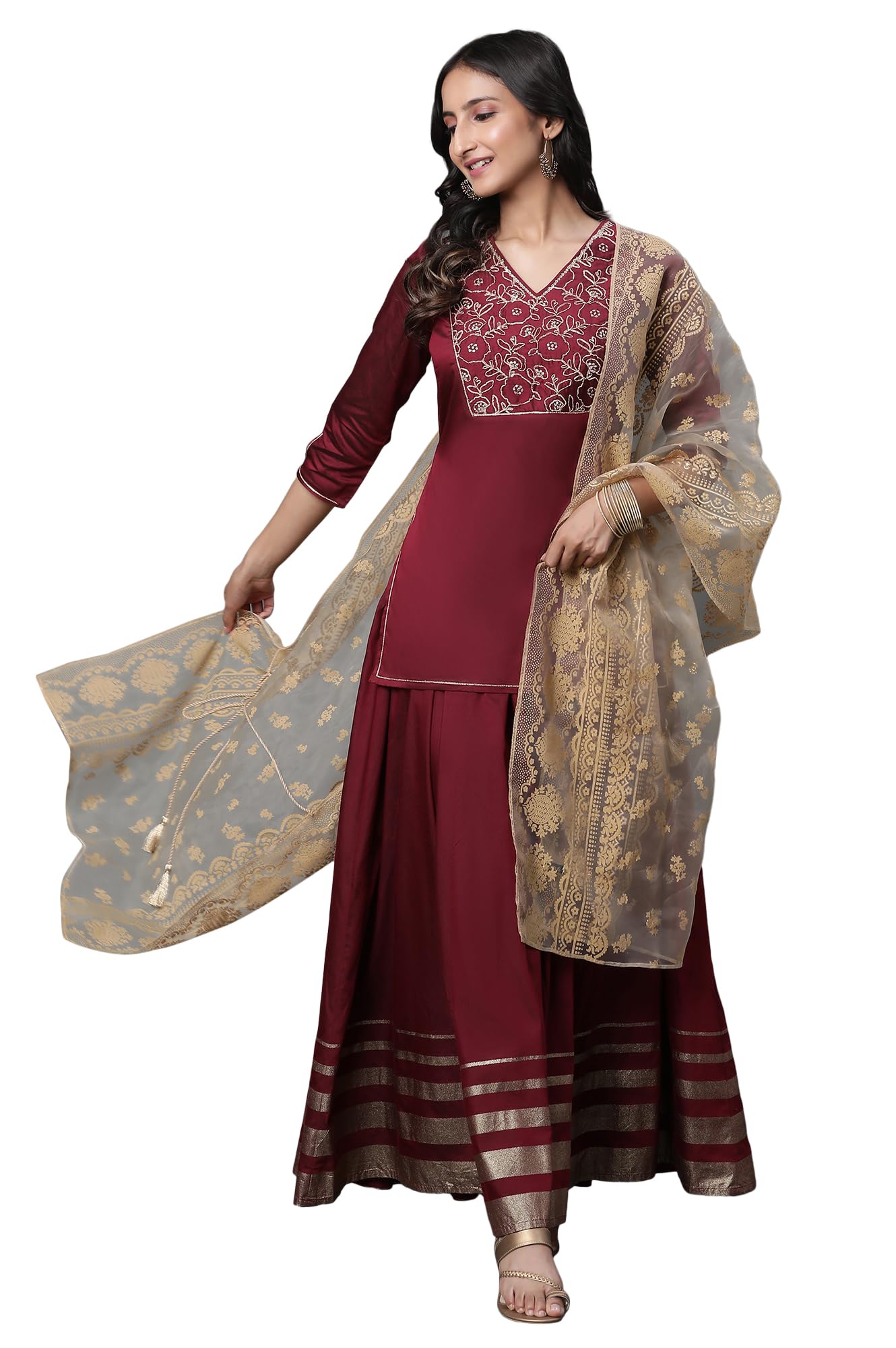 Aurelia Embroidered Maroon Blend Dori Kurta Dupatta Bottomwear