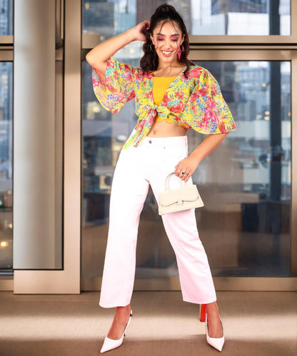 POPWINGS Women Casual Yellow Printed Chiffon Shrug