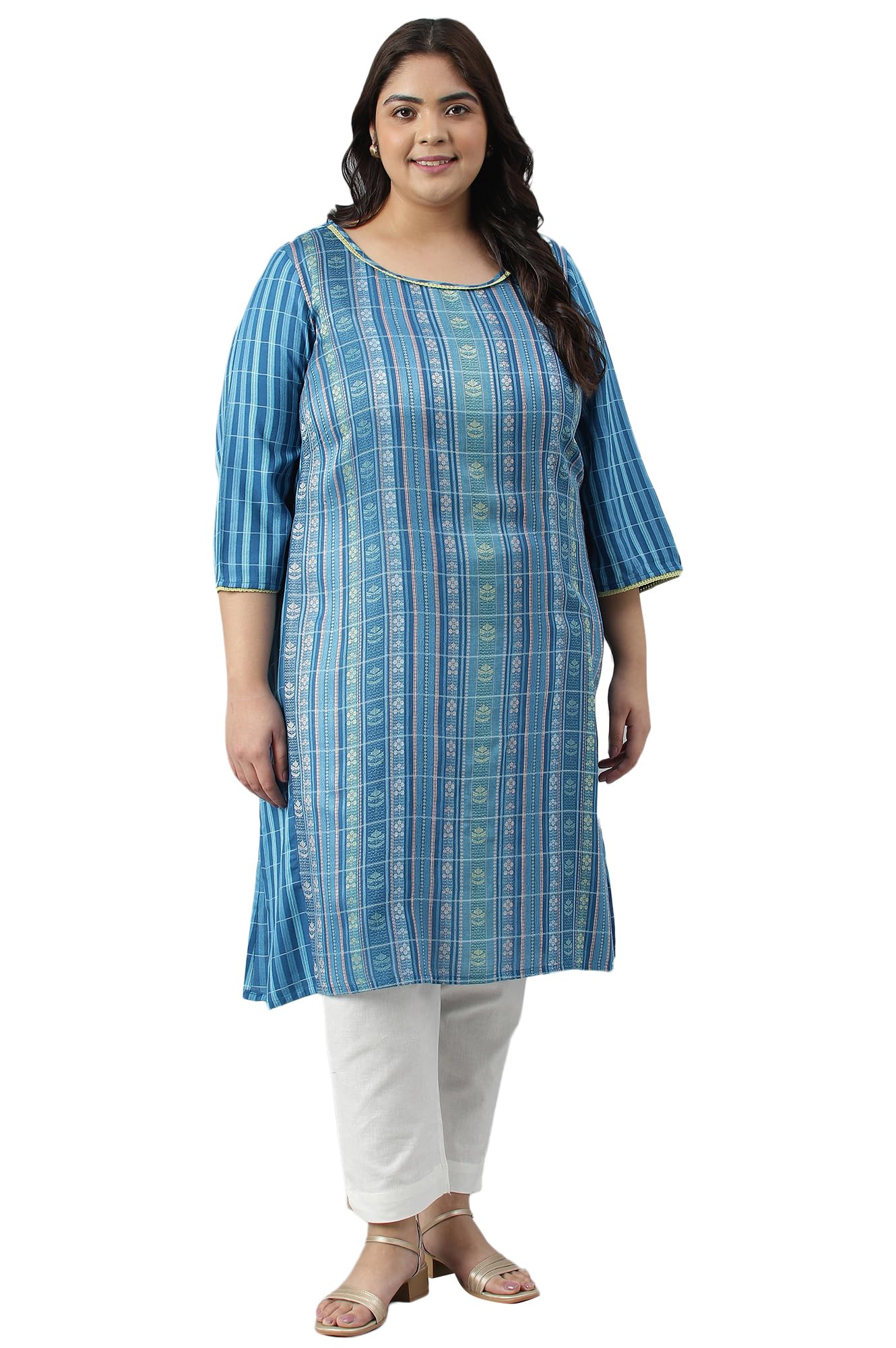 Blue Dobby Printed Ethnic Plus Size Kurta