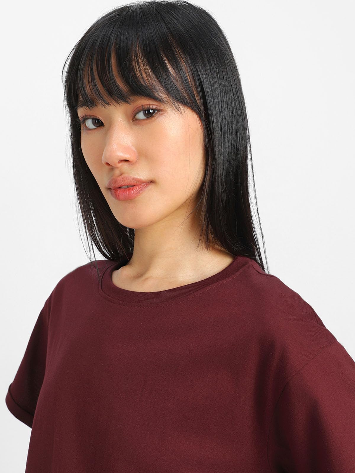 Juneberry Pure 100% Cotton Oversized Loose Baggy Fit Round Neck With Drop Shoulder Cork & Maroon Half Sleeves Boyfriend T-Shirt