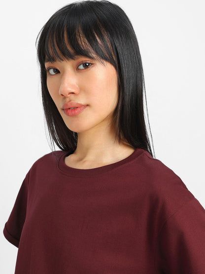 Juneberry Pure 100% Cotton Oversized Loose Baggy Fit Round Neck With Drop Shoulder Cork & Maroon Half Sleeves Boyfriend T-Shirt