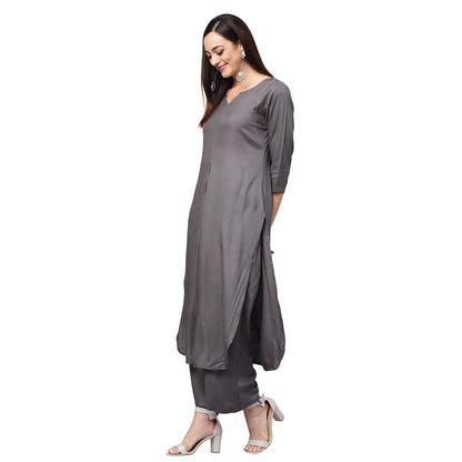 idaLia Grey Rayon Straight Solid Kurta Set for Women 3/4 Sleeve, Round V Neck Designer Kurta Set with Palazzo for Women