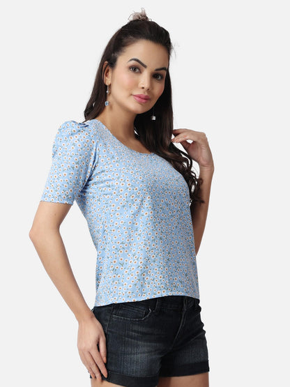 POPWINGS Casual Printed Puff Sleeves Round Neck Top for Women || Stylish Latest Summer Tops for Women || Hip-Length Women Top Li