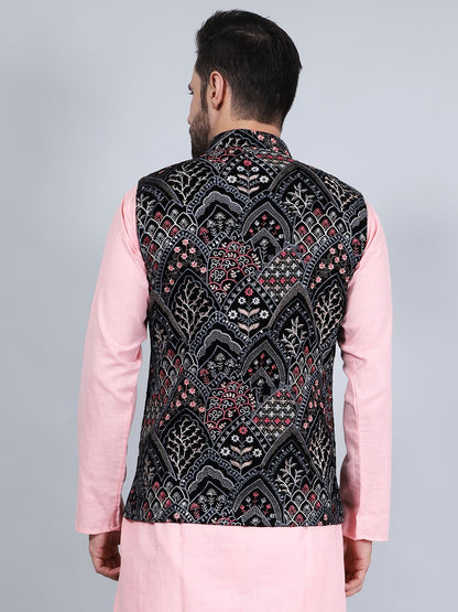 WINTAGE embroidered velvet black modi nehru jacket wc1561