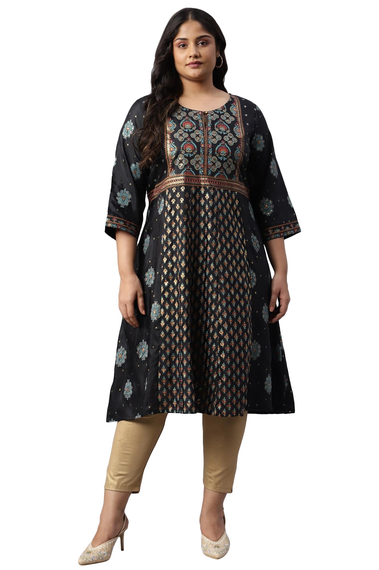 W for Woman Plus Size Jet Black Foil Printed Shantung Kurta