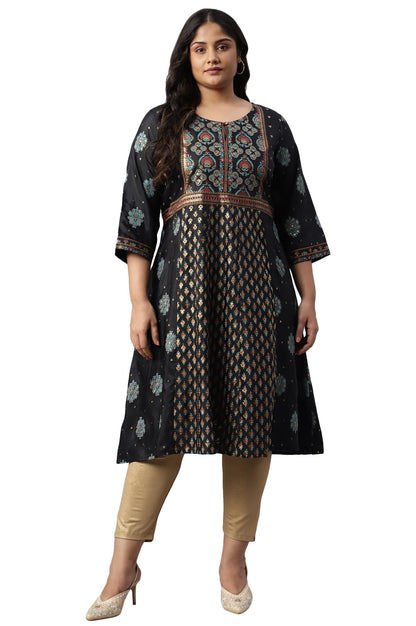 W for Woman Plus Size Jet Black Foil Printed Shantung Kurta