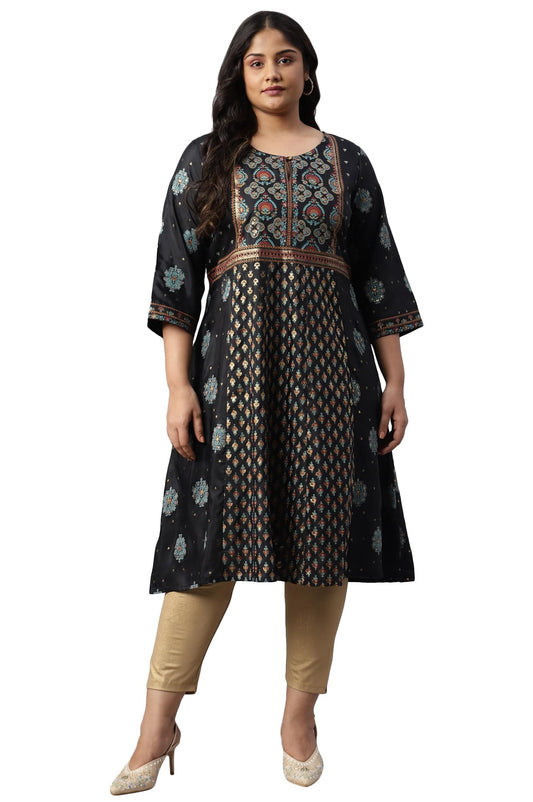 W for Woman Plus Size Jet Black Foil Printed Shantung Kurta