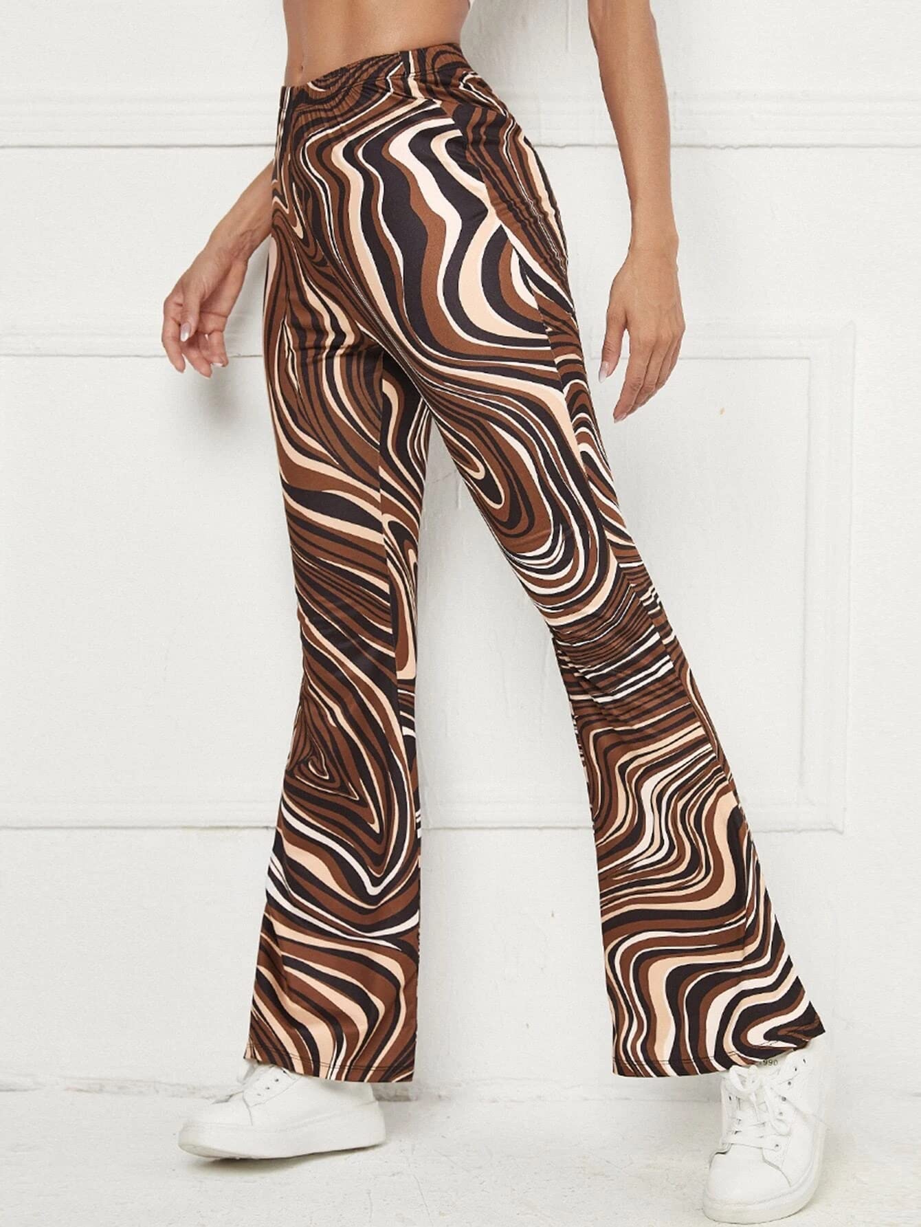AVANOVA Womens & Girls Brown Leriya Stripe Print Dress Pants Stretchy Work Slacks Business Casual Office Bell-Bottom/Boot-Cut E