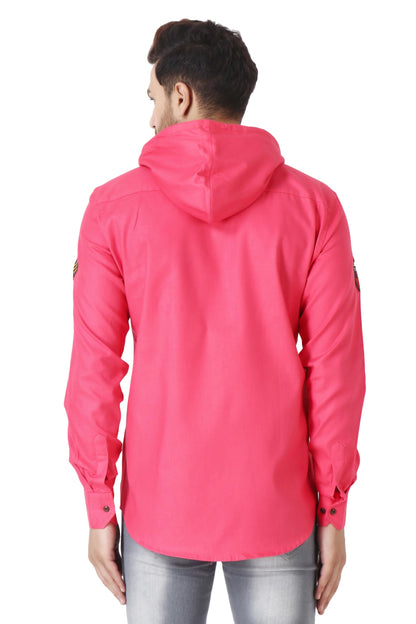 Besix MenS Pink Tailored Fit Cotton Blend Shirt For Man With Hoodie - Casual Long Sleeve Shirt With Pockets - Patch Detail For