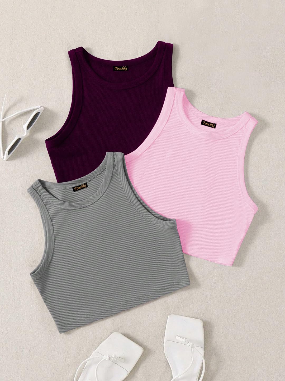 Toochki Tops for Woman | Spandex Top | Crop | Short | Western | for Jeans | Sleeveless | Stretchable | Pack of Three | Grey-Wine