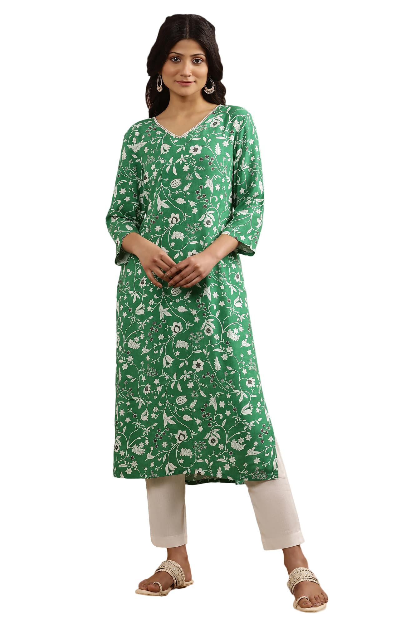 W for Woman W Women Green Floral Print Viscose Straight Kurta