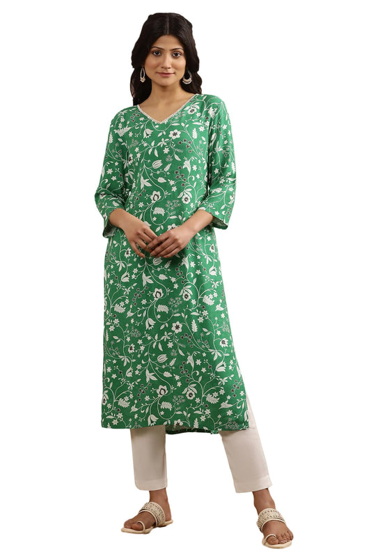 W for Woman W Women Green Floral Print Viscose Straight Kurta