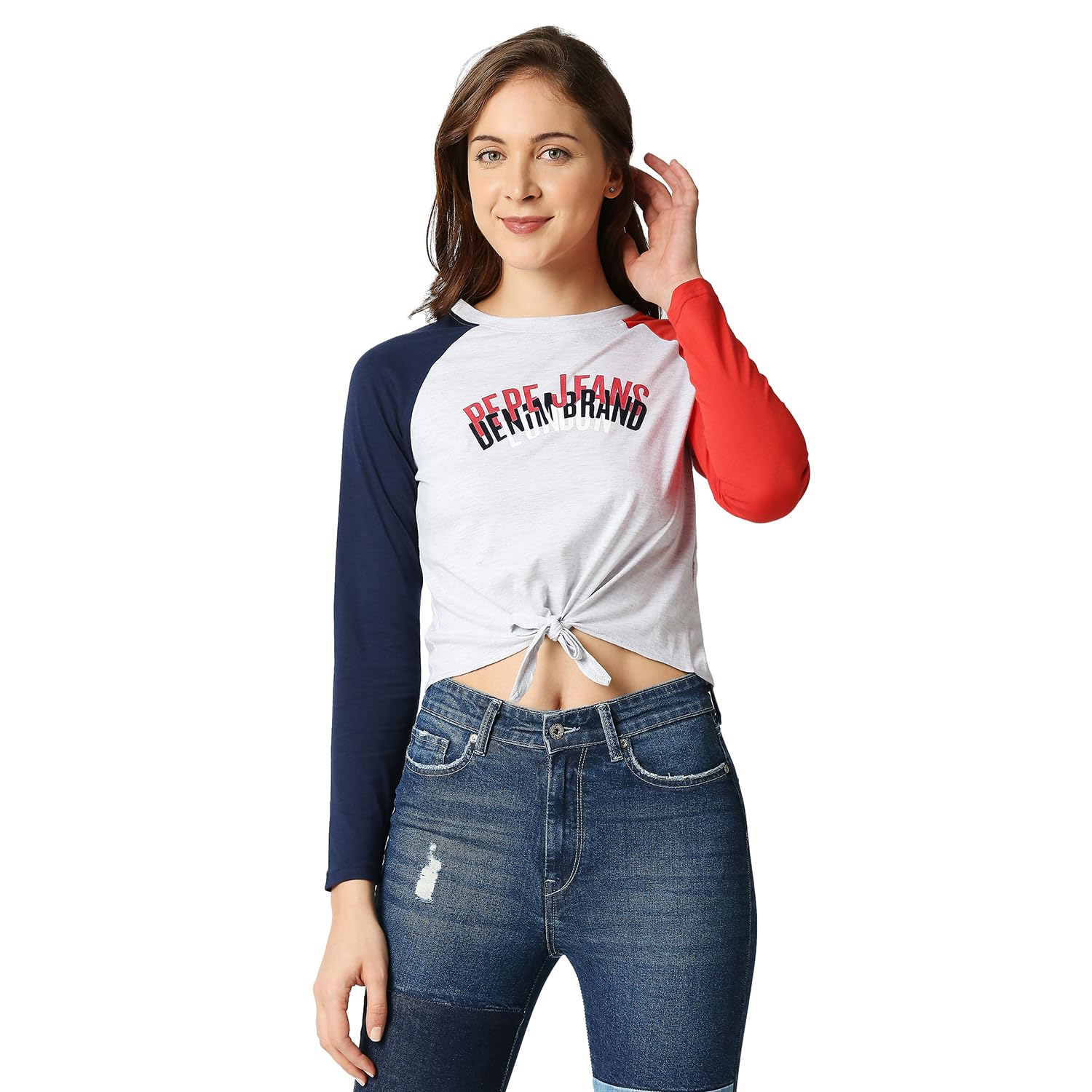 Pepe Jeans Color Block Cotton Crew Neck Womens T-Shirt (White, Large)