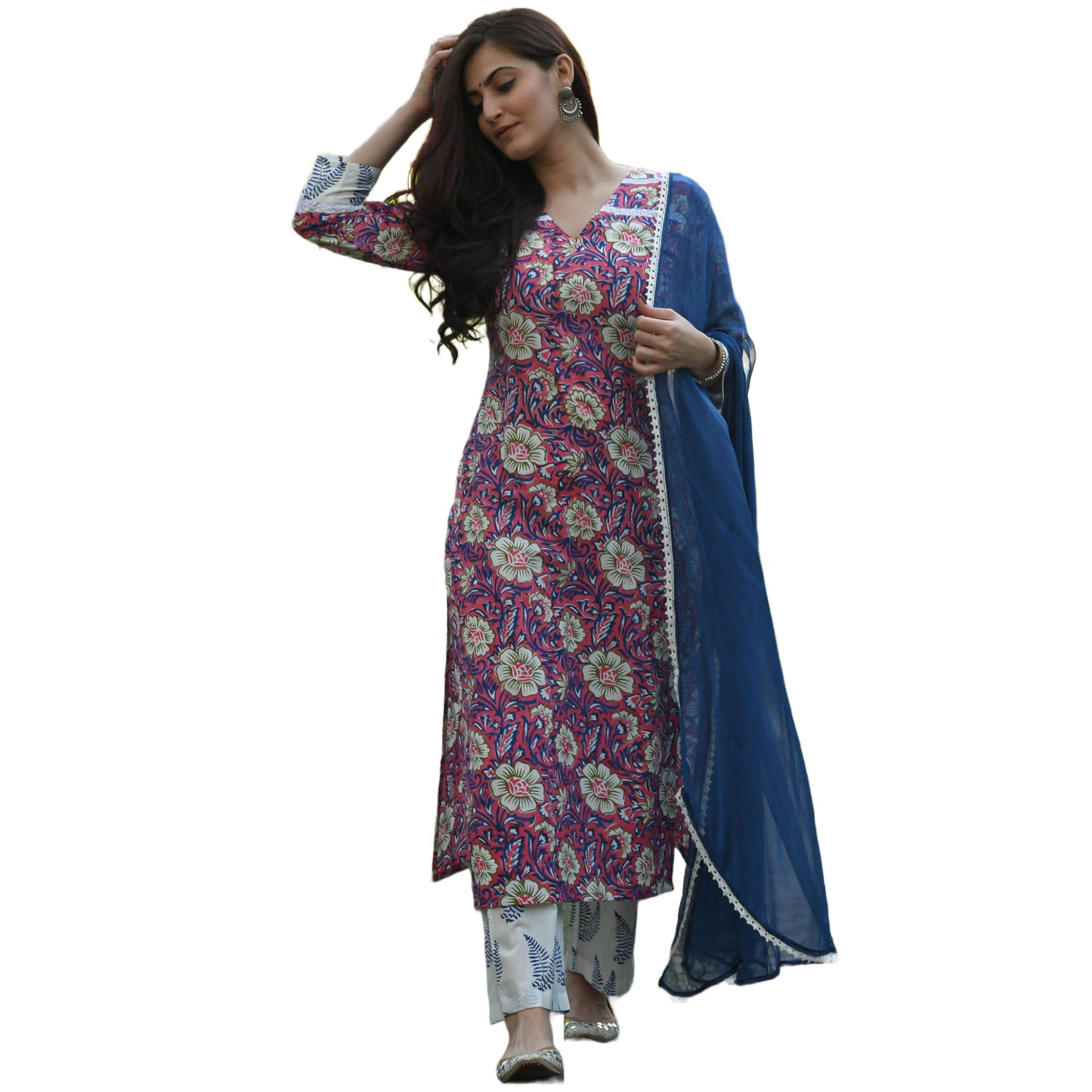 Anni Designer WomenS Cotton Blend Floral Printed Straight Kurta With Pant & With Dupatta (Dastur Pink_S_Pink_Small)