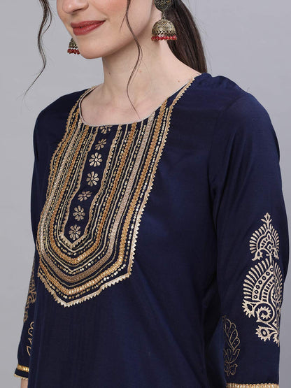 ishin Women's Pure Silk Yoke Design Gotta Patti Navy Blue Ethnic Motifs Print Straight Kurta suit set With Dupatta & Sharara