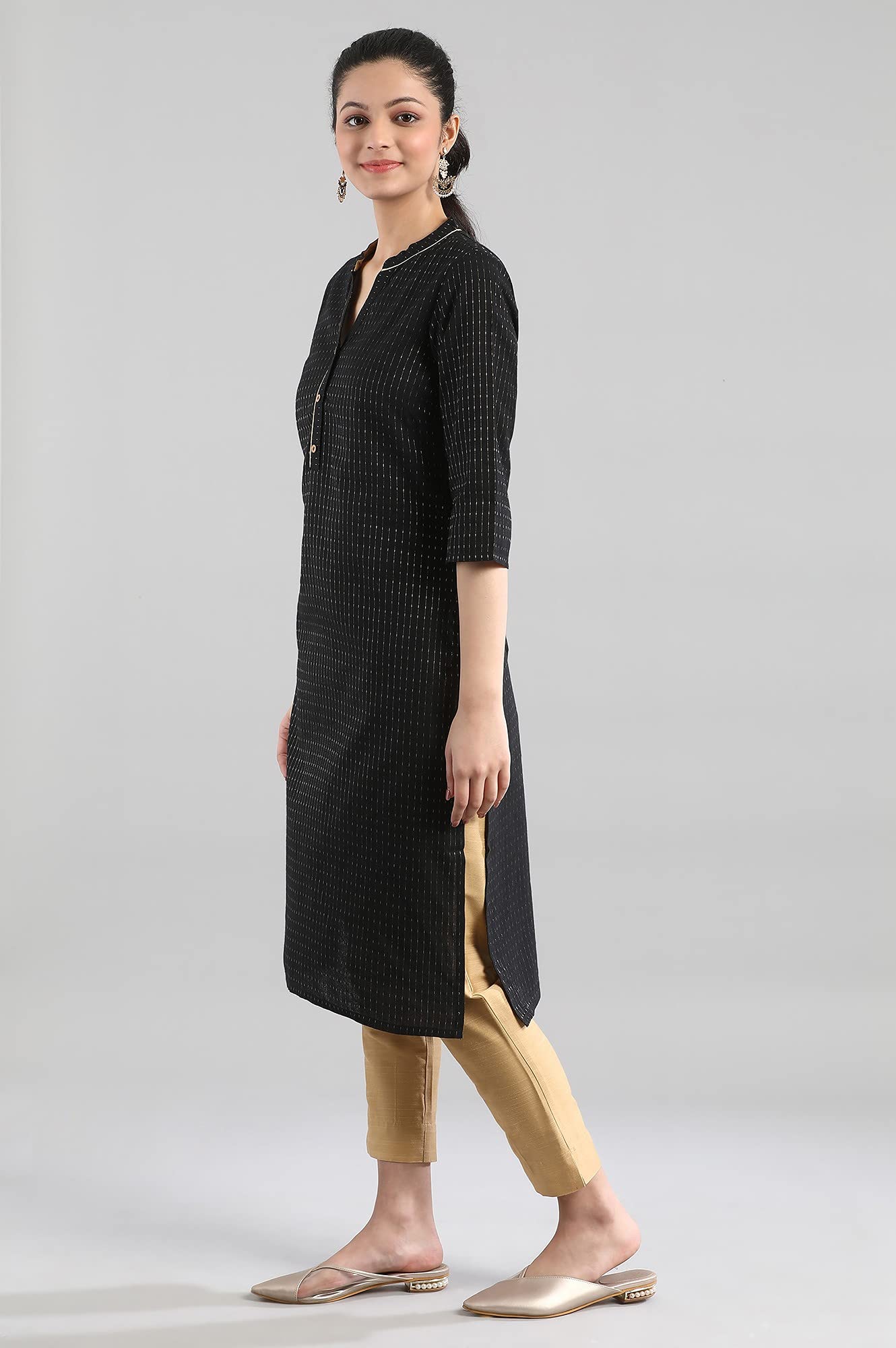 Aurelia Women's Cotton Dobby Band Collar Straight Kurta