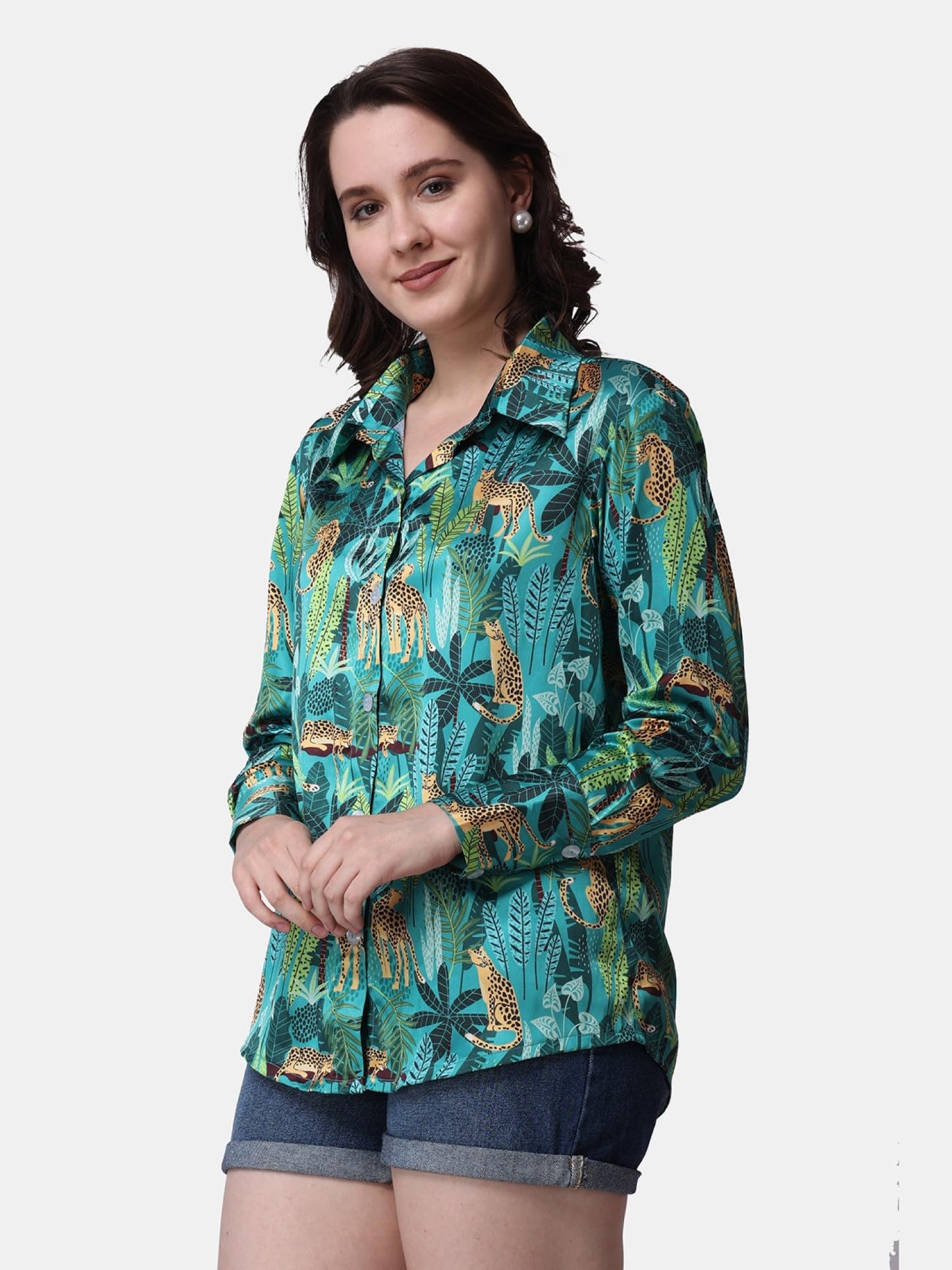 POPWINGS Printed Full-Sleeves Regular-Fit Satin Printed Shirt for Women Stylish Western Casual Wear Green
