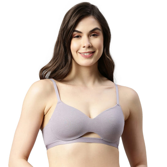Enamor Women A032 Invisible Neckline Cotton T-Shirt Bra with Cloud Soft Cups- Padded Non Wired Medium Coverage(A032-Silver Lilac