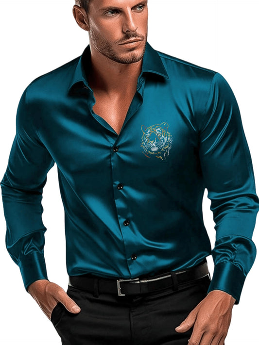 Indoprimo MenS Satin Stylish Club Wear Tiger Diamond Print Shirt Full Sleeve Rama