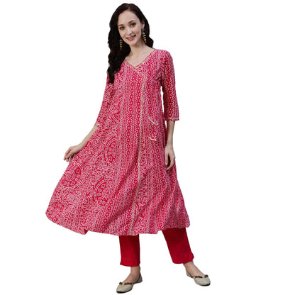 ishin Women's Pure Cotton Anarkali Embroidered Gotta Patti Bandhani print Pink Kurta suit set with Trouser