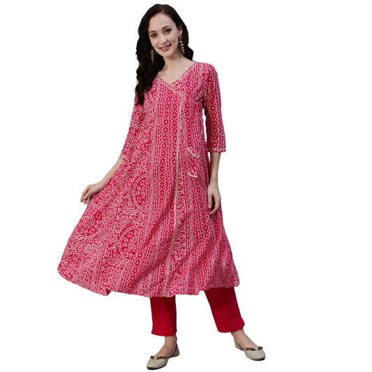 ishin Women's Pure Cotton Anarkali Embroidered Gotta Patti Bandhani print Pink Kurta suit set with Trouser