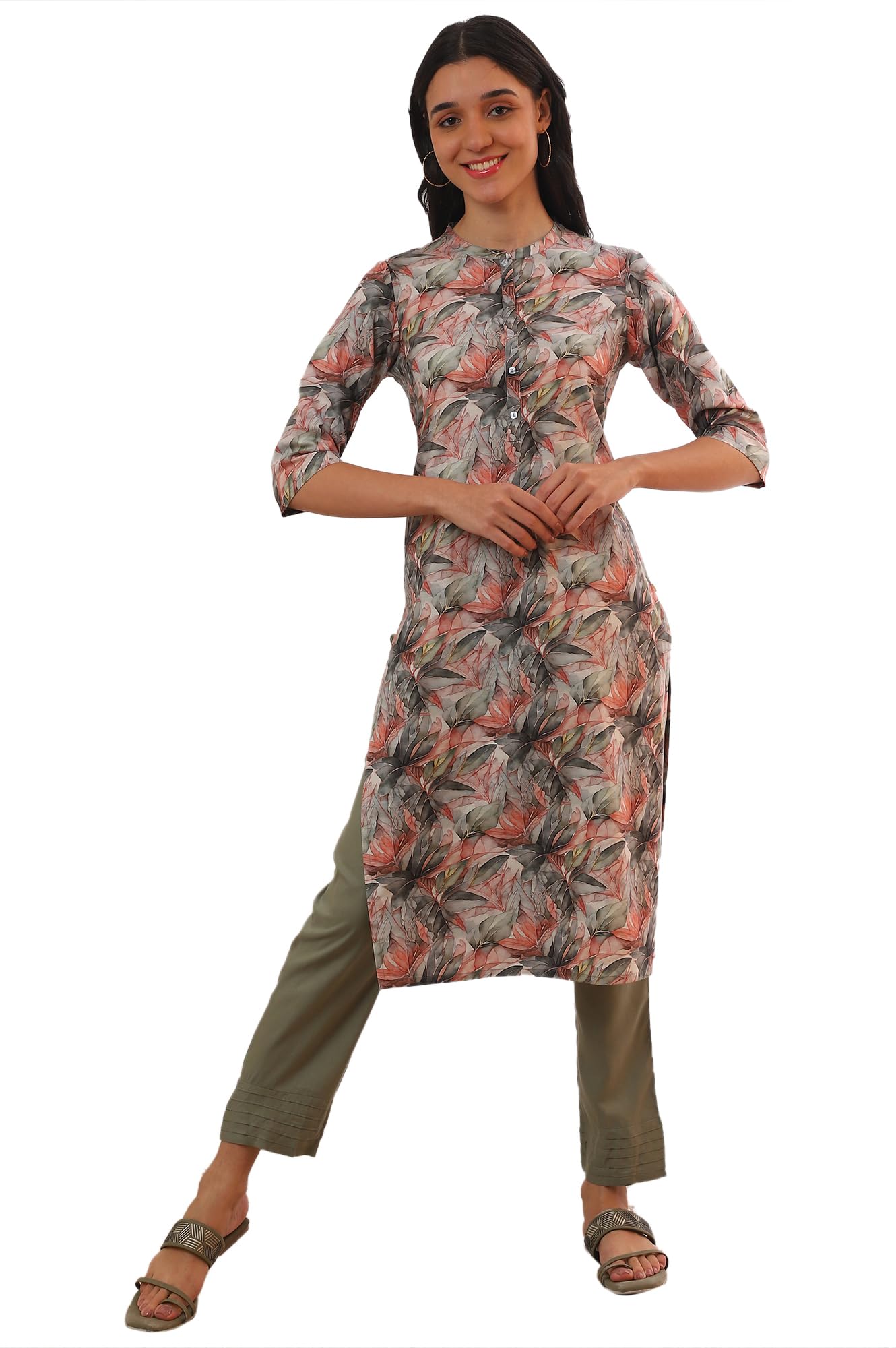 Aurelia Women'S Green Printed Pure Cotton Straight Kurta (Size: M)-A15697-508948