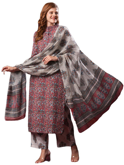 GoSriKi Women's Rayon Blend Printed Straight Kurta Plazzo with Printed Dupatta