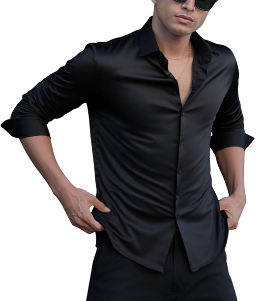 Indoprimo MenS Casual Button Down Long Sleeve Satin Plain Shirt Black