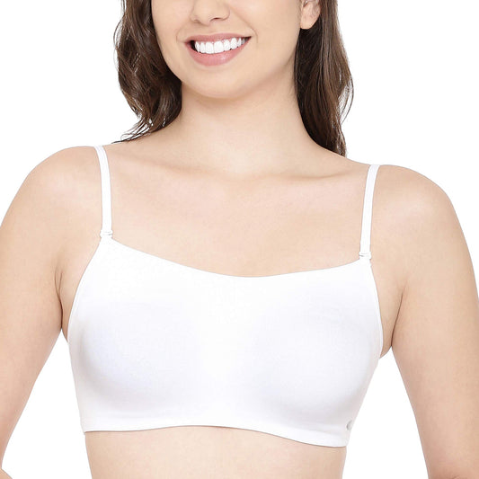 Enamor A022 Basic Cotton Stretch Cami with Detachable Straps Bra - Non-Padded Wirefree High Coverage - White