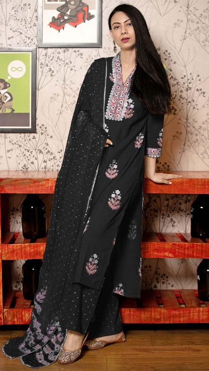 GoSriKi Women's Rayon Viscose Straight Kurta with Pants & Dupatta, Medium, Black, Model Belagavi Mustard-GS