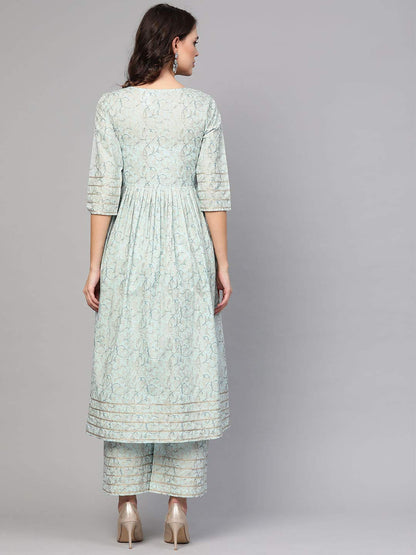 Idalia Cotton Blend Kurta Set For Women, 3/4 Sleeve, Calf-Length, Elegant Design For Special Occasions Multicolour