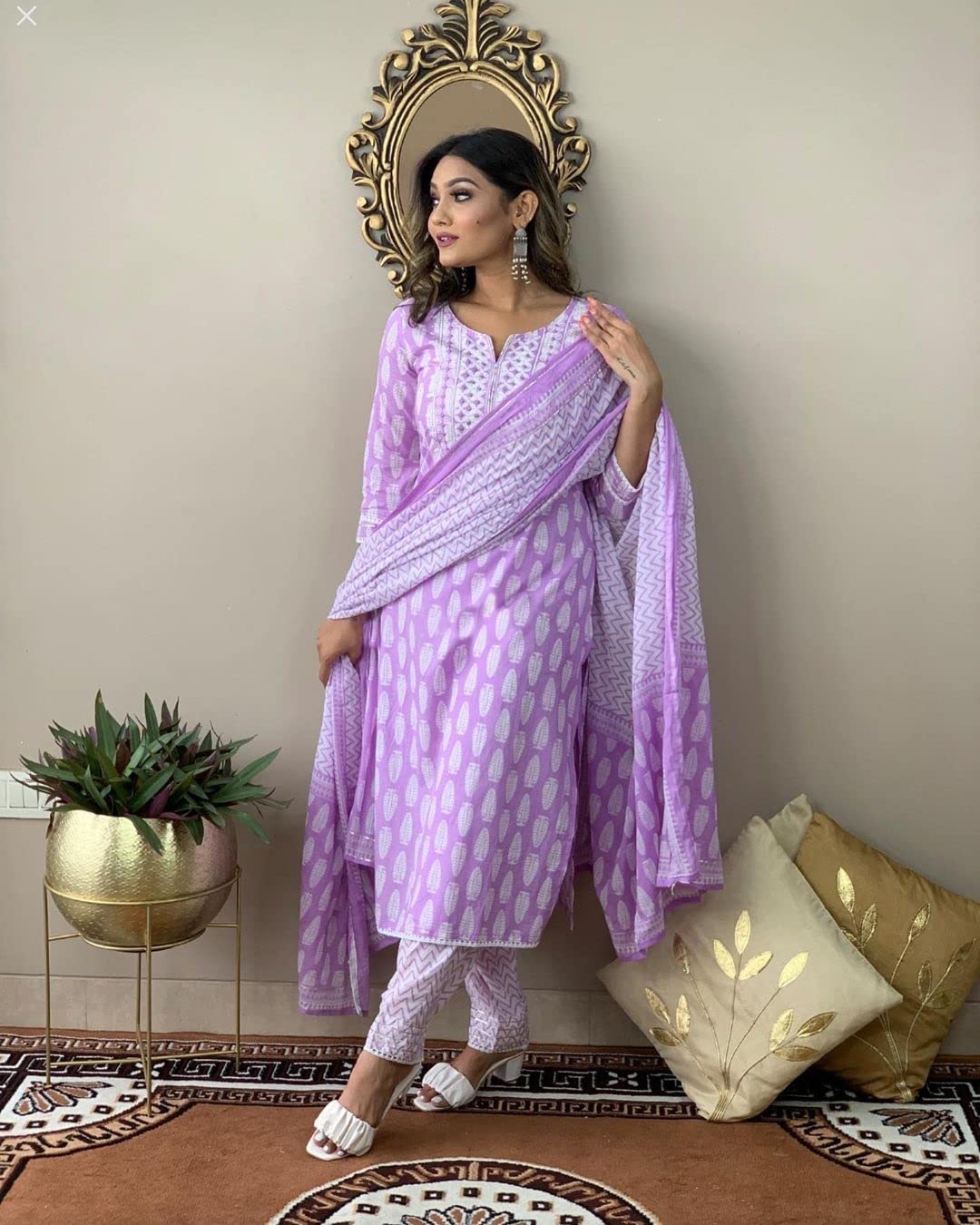 ANNI DESIGNER Women's Cotton Blend Straight Printed Kurta with Pant & Dupatta (Baiyaan Purple_L_Purple_Large)
