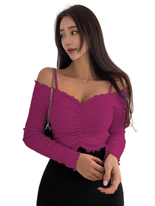 Sugathari Womens Wine Solid Colour Open Cold Off Shoulder Long Sleeve Lettuce Hem Casual Autumn Trim Tight- Slim Fitting Ruched