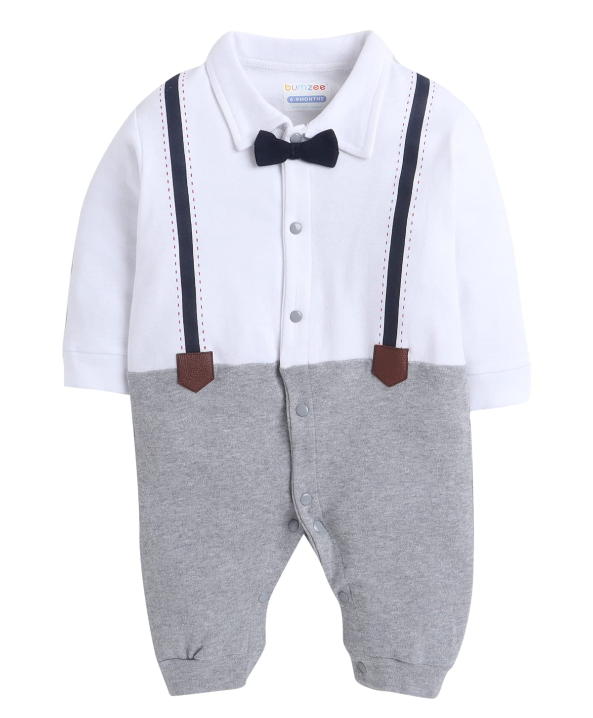 BUMZEE Grey & White Suspender Print Boys Full Sleeves Fancy Sleepsuit Age - 9-12 Months, (Peb285E-grey.White)