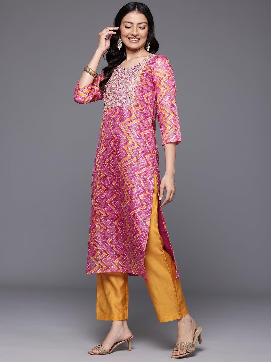 Varanga Women Pink Chevron Printed Zari Embroidered Kurta Paired with Bottom and Dupatta