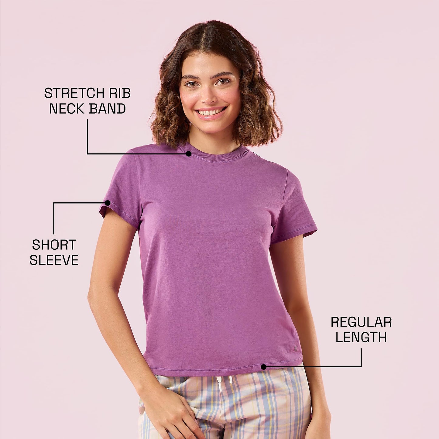 Enamor Womens Solid Relaxed Fit T-Shirt (E311_Chinese Violet