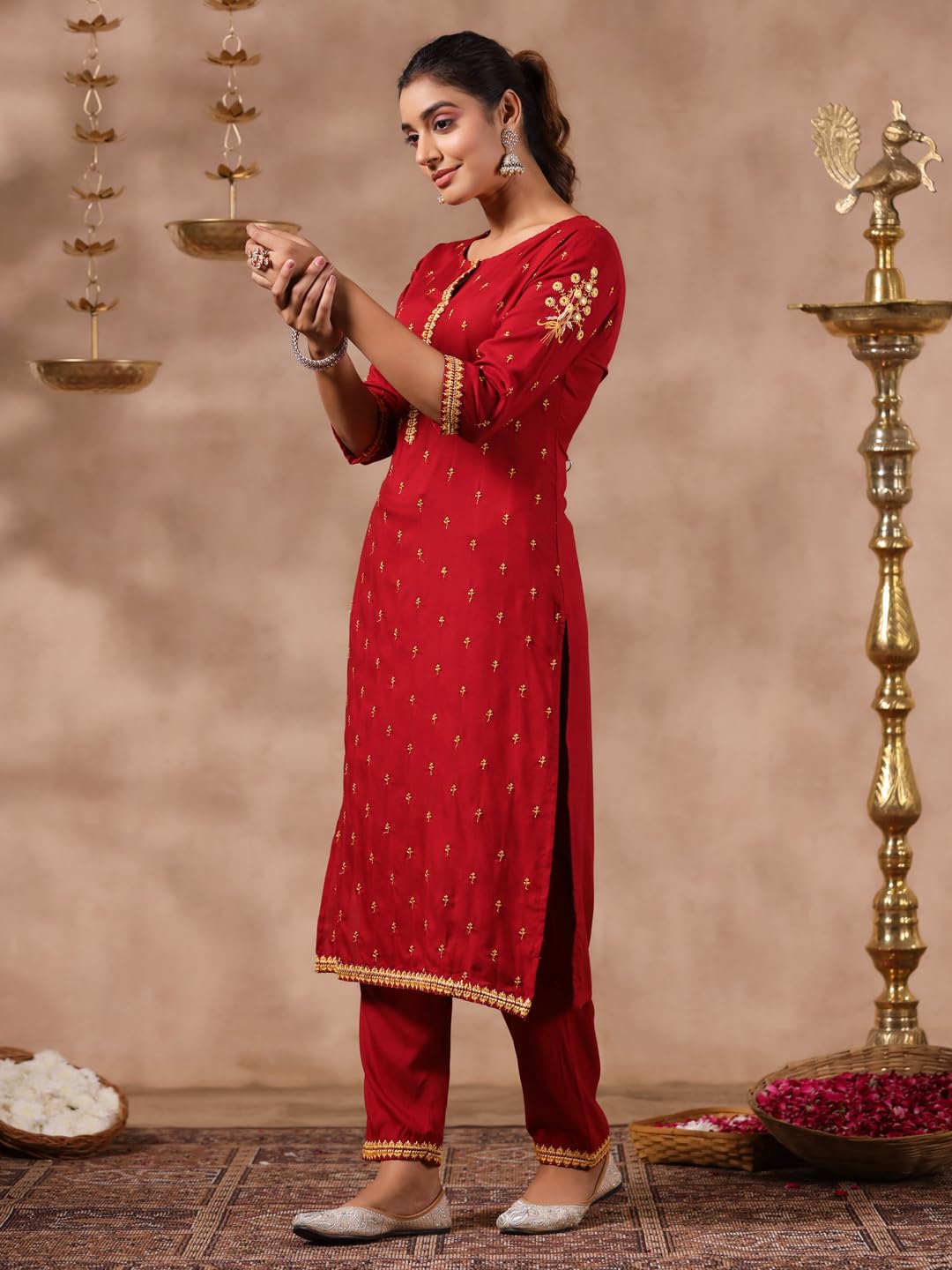 anubhutee Women's Viscose Rayon Abstract Printed Maroon Kurta Suit Set with Trousers