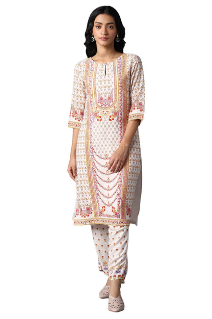 W Ecru Synthetic Floral Printed Regular Kurta For Women