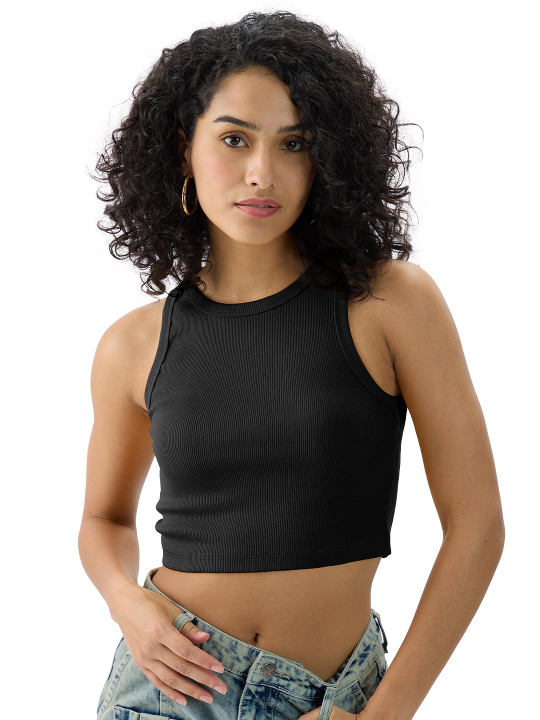 The Souled Store Solids: Midnight Black Women and Girls Round Neck Sleeveless Cotton Blend Slim Fit Tank Tops