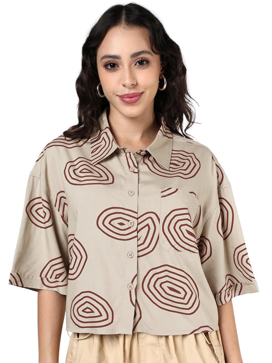 Bewakoof Womens All Over Printed Oversized Half Sleeve Collar Viscose Crop Shirt_1003783_Beige_XS