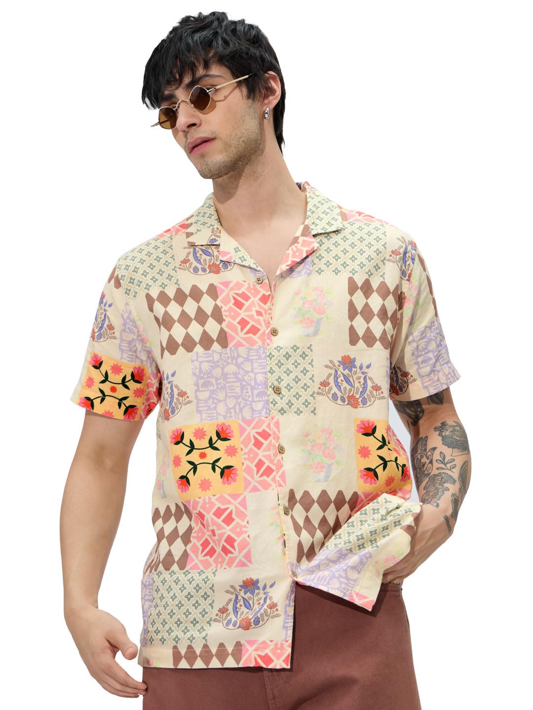 The Souled Store Spade Men and Boys Collared Neck Button Front Multicolor All Over Printed Cotton Half Sleeve Shirts
