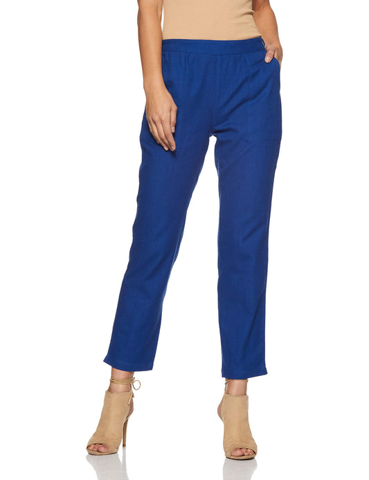 Digital Shopee Women Cotton Wear Casual Regular Fit Elastic Waist Double Side Pocket Trouser Royal Blue