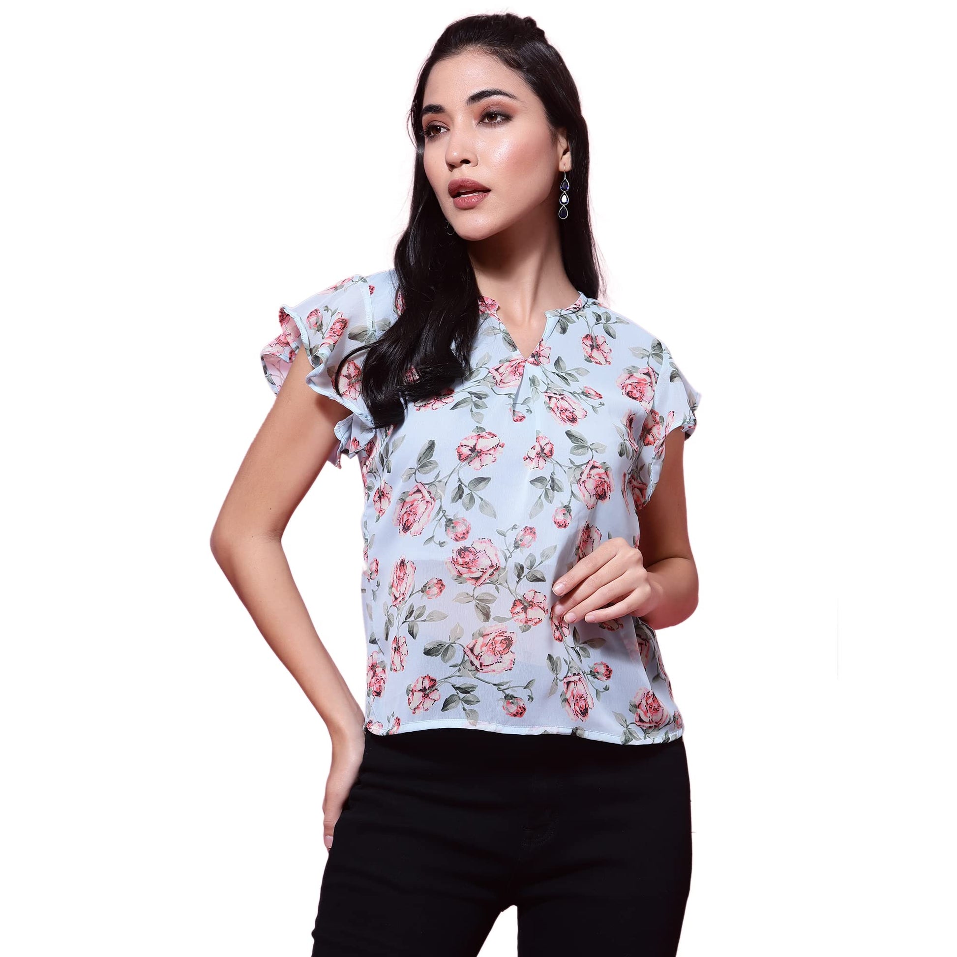 OOMPH! Womens Georgette Printed top with Keyhole Neck and Flutter Sleeve