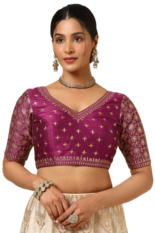 Soch Womens Magenta Tussar Embroidered Padded Blouse With Sequins