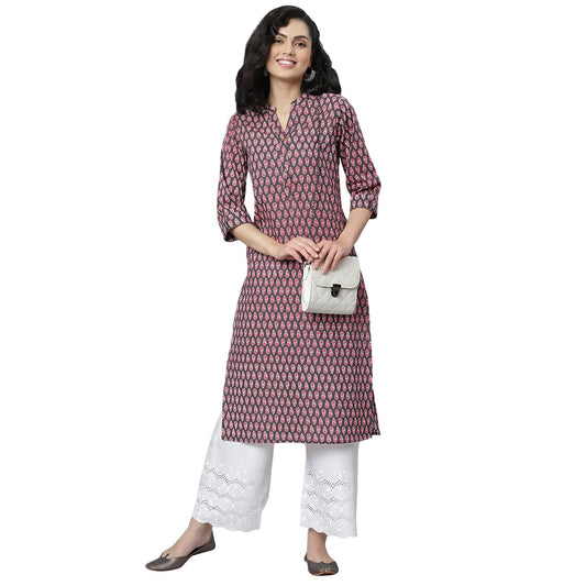 Stylum Women's Printed Cotton Slub Straight Kurta (Yellow)