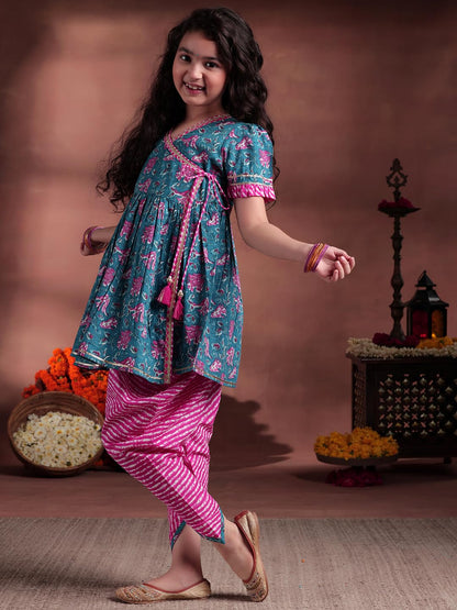 Libas Kids Womens Printed Cotton A-Line Kurta With Dhoti Pant