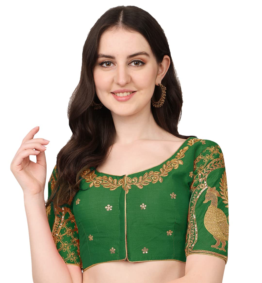 Pujia Mills Women Blouse Hand Embroidery Sequin Work Peacock Design Readymade Blouse, green, 36