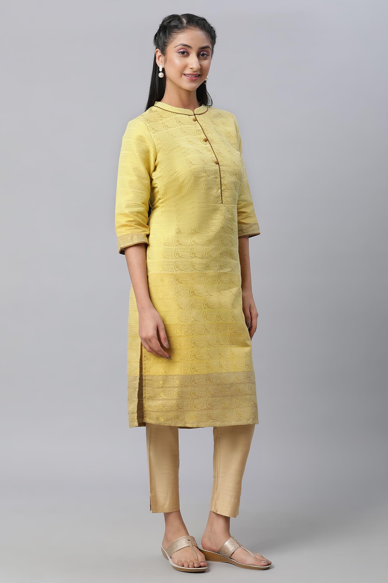 Aurelia Yellow Self-Design Cotton Straight Long Kurta For Women